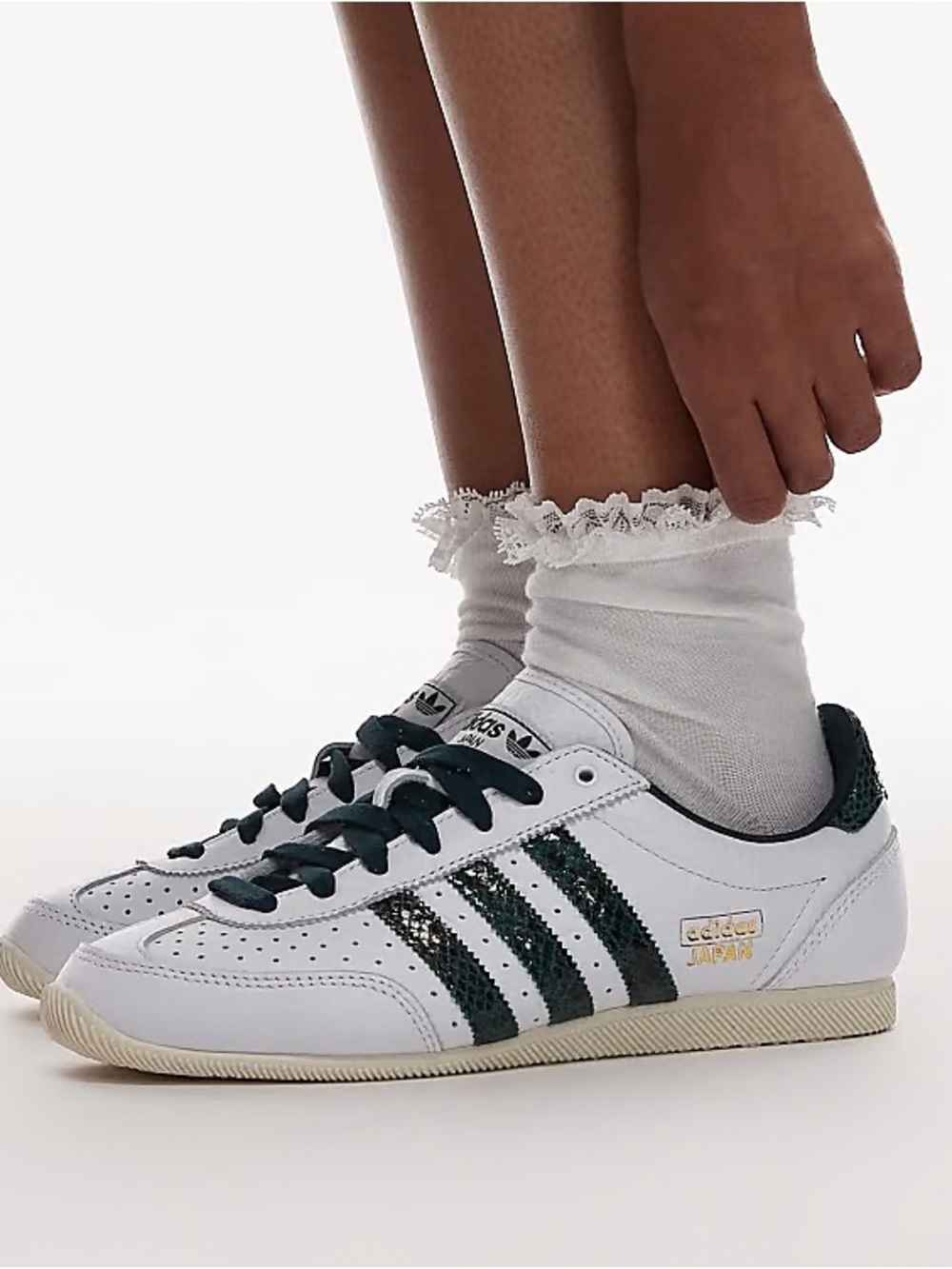Adidas Japan White & Dark Emerald Green Snake Print Leather Sneakers